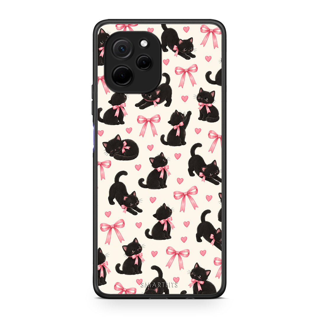 Θήκη Huawei Nova Y61 Black Kittens and Pink Bows on Cream Small από τη Smartfits με σχέδιο στο πίσω μέρος και μαύρο περίβλημα | Huawei Nova Y61 Black Kittens and Pink Bows on Cream Small case with colorful back and black bezels