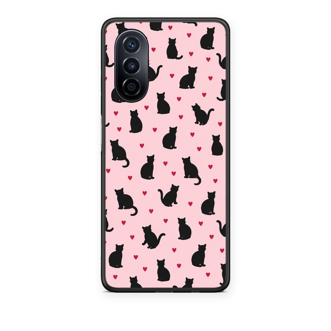 Θήκη Huawei Nova Y70 / Y70 Plus Black Cat Silhouettes and Hearts on Pink από τη Smartfits με σχέδιο στο πίσω μέρος και μαύρο περίβλημα | Huawei Nova Y70 / Y70 Plus Black Cat Silhouettes and Hearts on Pink case with colorful back and black bezels