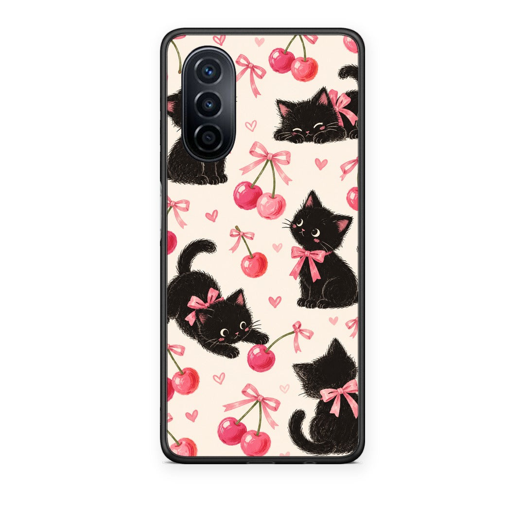 Θήκη Huawei Nova Y70 / Y70 Plus Black Kittens and Cherries on Cream από τη Smartfits με σχέδιο στο πίσω μέρος και μαύρο περίβλημα | Huawei Nova Y70 / Y70 Plus Black Kittens and Cherries on Cream case with colorful back and black bezels