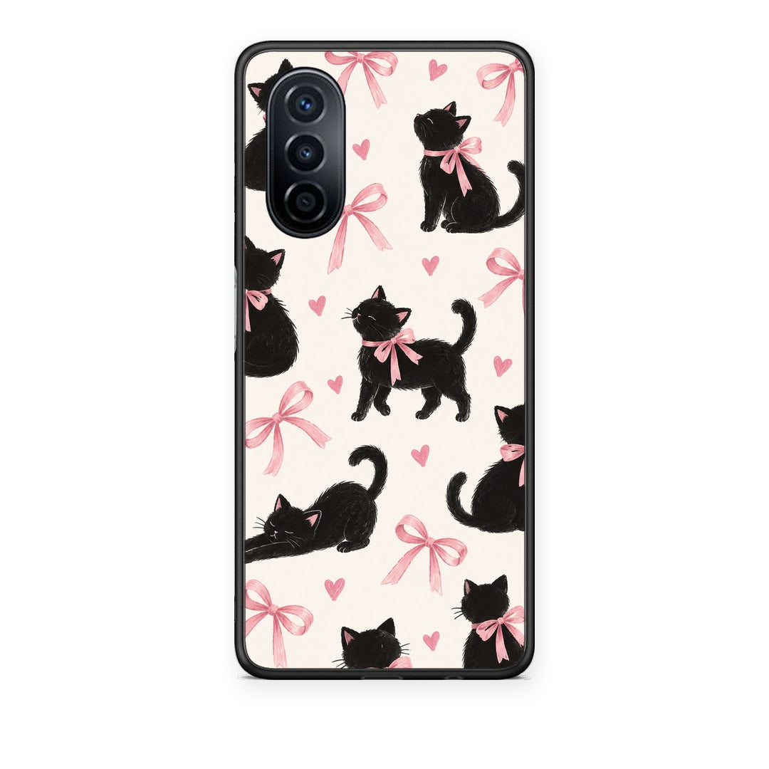 Θήκη Huawei Nova Y70 / Y70 Plus Black Kittens and Pink Bows on Cream Large από τη Smartfits με σχέδιο στο πίσω μέρος και μαύρο περίβλημα | Huawei Nova Y70 / Y70 Plus Black Kittens and Pink Bows on Cream Large case with colorful back and black bezels