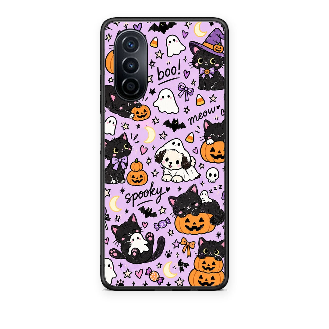 Θήκη Huawei Nova Y70 / Y70 Plus Halloween Black Cats on Lilac από τη Smartfits με σχέδιο στο πίσω μέρος και μαύρο περίβλημα | Huawei Nova Y70 / Y70 Plus Halloween Black Cats on Lilac case with colorful back and black bezels