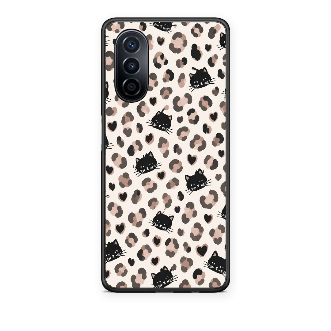 Θήκη Huawei Nova Y70 / Y70 Plus Leopard Spots and Black Cats on Cream από τη Smartfits με σχέδιο στο πίσω μέρος και μαύρο περίβλημα | Huawei Nova Y70 / Y70 Plus Leopard Spots and Black Cats on Cream case with colorful back and black bezels