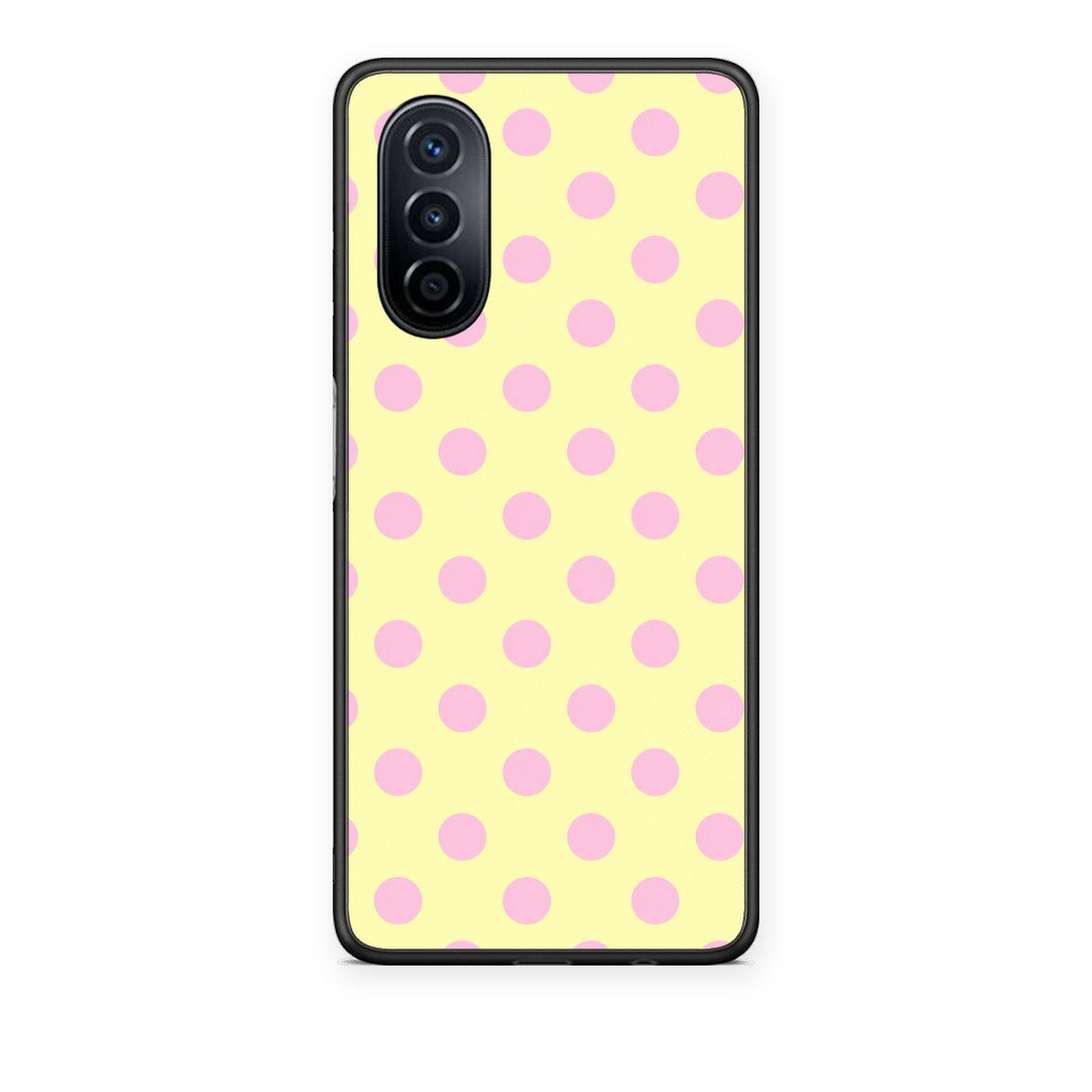 Θήκη Huawei Nova Y70 / Y70 Plus Pink Polka Dots on Yellow από τη Smartfits με σχέδιο στο πίσω μέρος και μαύρο περίβλημα | Huawei Nova Y70 / Y70 Plus Pink Polka Dots on Yellow case with colorful back and black bezels