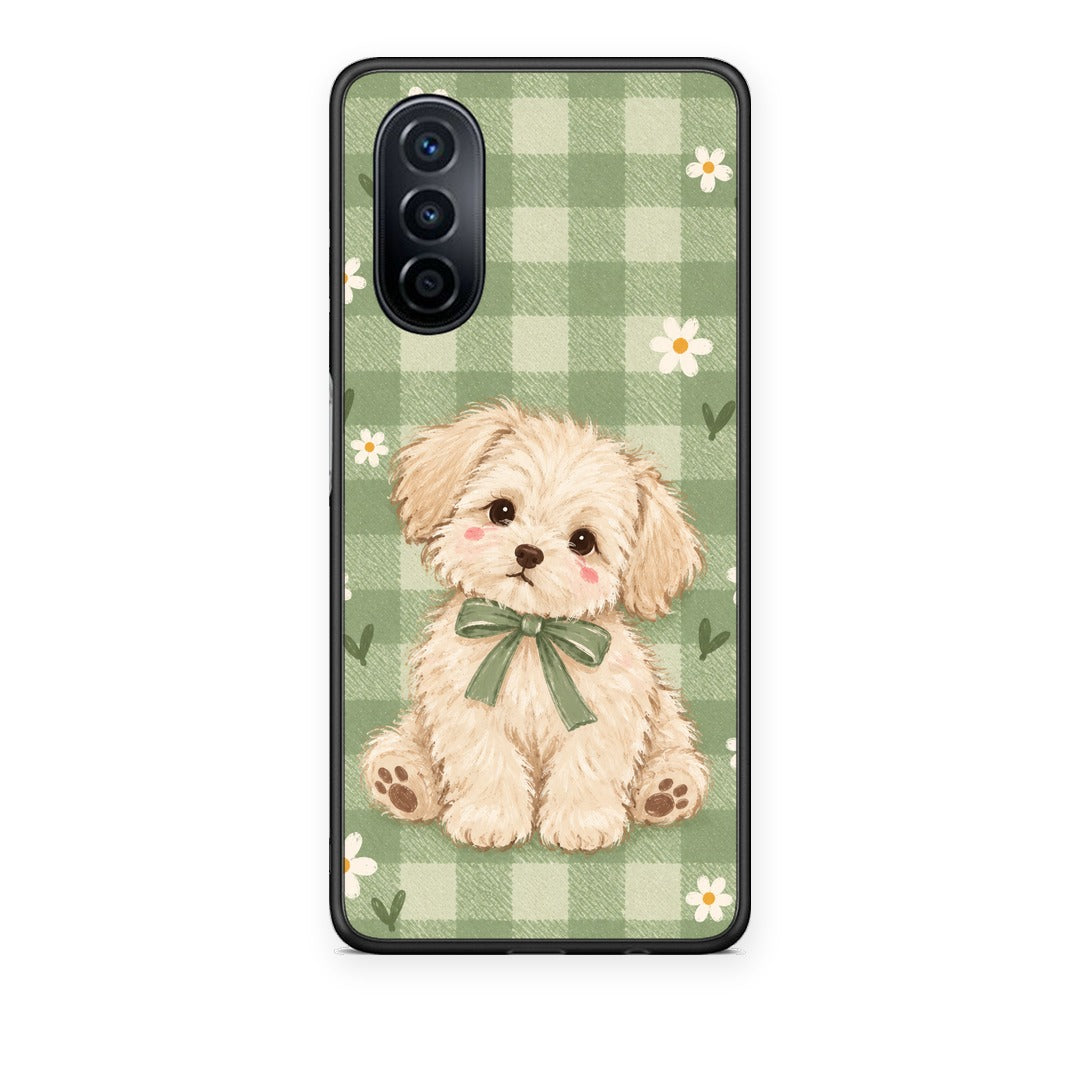 Θήκη Huawei Nova Y70 / Y70 Plus Puppy and Daisies on Sage Gingham από τη Smartfits με σχέδιο στο πίσω μέρος και μαύρο περίβλημα | Huawei Nova Y70 / Y70 Plus Puppy and Daisies on Sage Gingham case with colorful back and black bezels