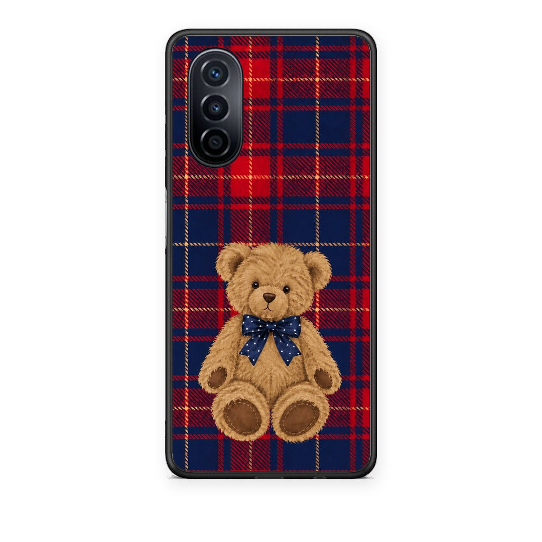Θήκη Huawei Nova Y70 / Y70 Plus Teddy Bear on Red and Navy Tartan από τη Smartfits με σχέδιο στο πίσω μέρος και μαύρο περίβλημα | Huawei Nova Y70 / Y70 Plus Teddy Bear on Red and Navy Tartan case with colorful back and black bezels