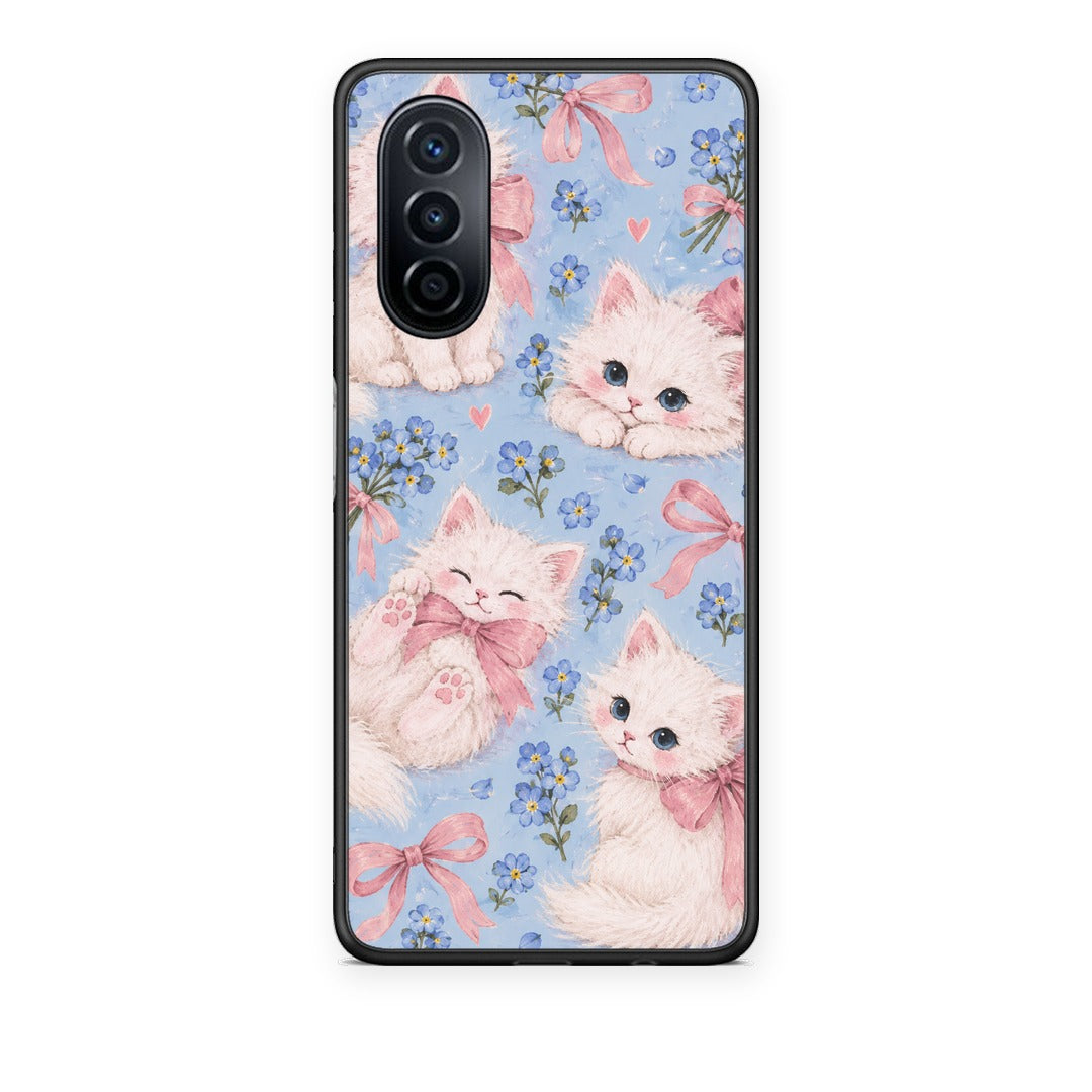 Θήκη Huawei Nova Y70 / Y70 Plus White Kittens and Blue Flowers Large από τη Smartfits με σχέδιο στο πίσω μέρος και μαύρο περίβλημα | Huawei Nova Y70 / Y70 Plus White Kittens and Blue Flowers Large case with colorful back and black bezels