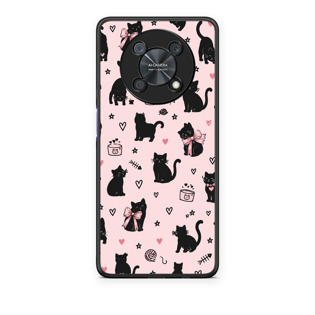 Θήκη Huawei Nova Y90 Black Cat Doodles on Pink από τη Smartfits με σχέδιο στο πίσω μέρος και μαύρο περίβλημα | Huawei Nova Y90 Black Cat Doodles on Pink case with colorful back and black bezels