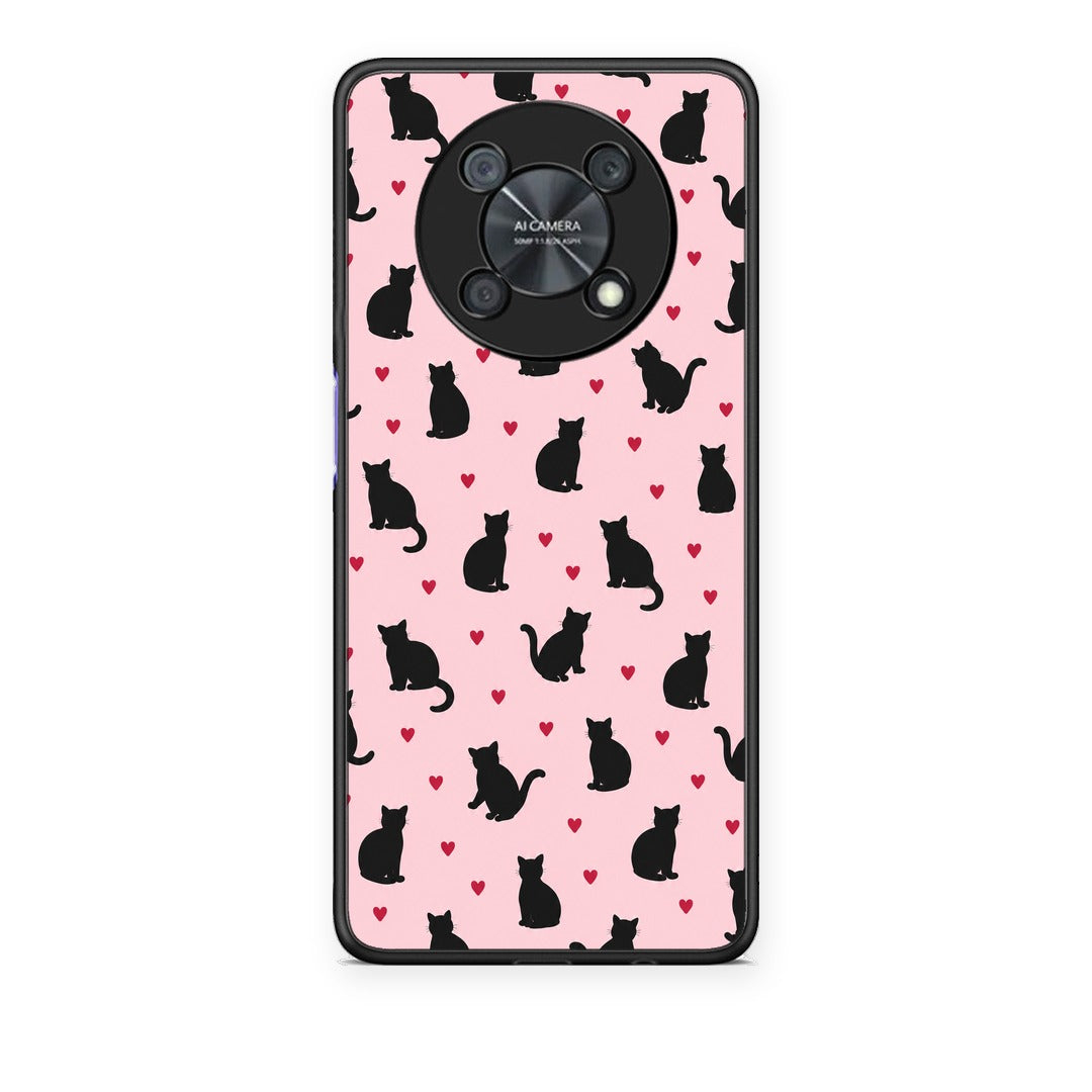 Θήκη Huawei Nova Y90 Black Cat Silhouettes and Hearts on Pink από τη Smartfits με σχέδιο στο πίσω μέρος και μαύρο περίβλημα | Huawei Nova Y90 Black Cat Silhouettes and Hearts on Pink case with colorful back and black bezels