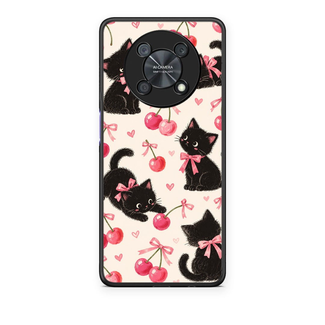 Θήκη Huawei Nova Y90 Black Kittens and Cherries on Cream από τη Smartfits με σχέδιο στο πίσω μέρος και μαύρο περίβλημα | Huawei Nova Y90 Black Kittens and Cherries on Cream case with colorful back and black bezels