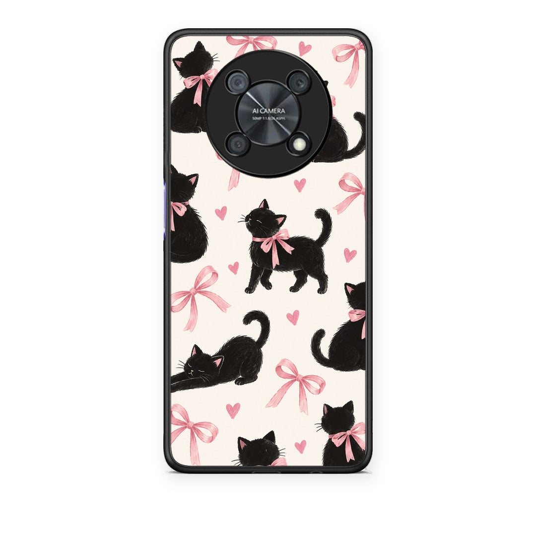 Θήκη Huawei Nova Y90 Black Kittens and Pink Bows on Cream Large από τη Smartfits με σχέδιο στο πίσω μέρος και μαύρο περίβλημα | Huawei Nova Y90 Black Kittens and Pink Bows on Cream Large case with colorful back and black bezels