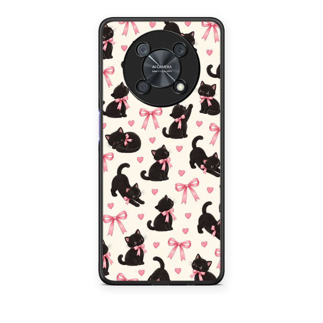 Θήκη Huawei Nova Y90 Black Kittens and Pink Bows on Cream Small από τη Smartfits με σχέδιο στο πίσω μέρος και μαύρο περίβλημα | Huawei Nova Y90 Black Kittens and Pink Bows on Cream Small case with colorful back and black bezels