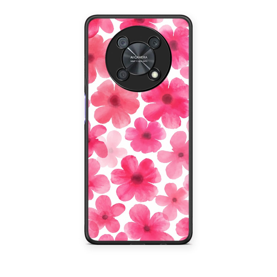 Θήκη Huawei Nova Y90 Pink Watercolour Flowers on White από τη Smartfits με σχέδιο στο πίσω μέρος και μαύρο περίβλημα | Huawei Nova Y90 Pink Watercolour Flowers on White case with colorful back and black bezels
