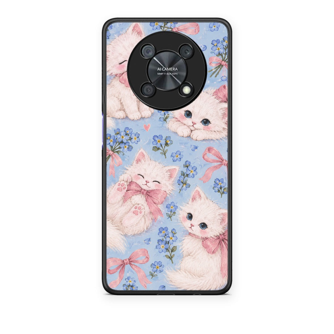 Θήκη Huawei Nova Y90 White Kittens and Blue Flowers Large από τη Smartfits με σχέδιο στο πίσω μέρος και μαύρο περίβλημα | Huawei Nova Y90 White Kittens and Blue Flowers Large case with colorful back and black bezels