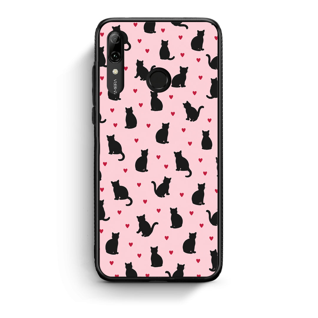 Θήκη Huawei P Smart 2019 Black Cat Silhouettes and Hearts on Pink από τη Smartfits με σχέδιο στο πίσω μέρος και μαύρο περίβλημα | Huawei P Smart 2019 Black Cat Silhouettes and Hearts on Pink case with colorful back and black bezels