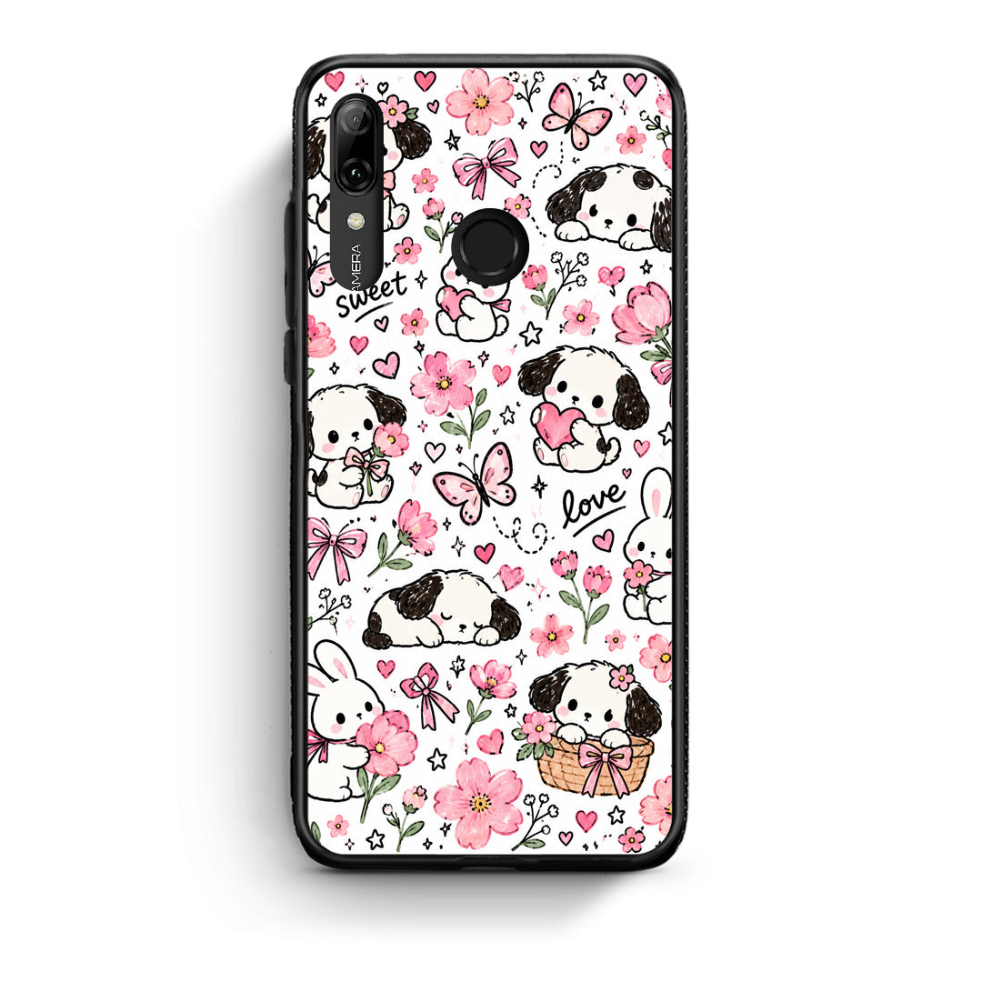 Θήκη Huawei P Smart 2019 Pink Florals Puppies and Bunnies on White από τη Smartfits με σχέδιο στο πίσω μέρος και μαύρο περίβλημα | Huawei P Smart 2019 Pink Florals Puppies and Bunnies on White case with colorful back and black bezels