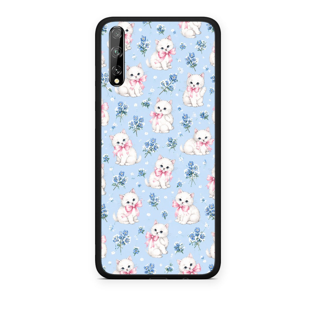 Θήκη Huawei P Smart S White Kittens and Blue Flowers Small από τη Smartfits με σχέδιο στο πίσω μέρος και μαύρο περίβλημα | Huawei P Smart S White Kittens and Blue Flowers Small case with colorful back and black bezels