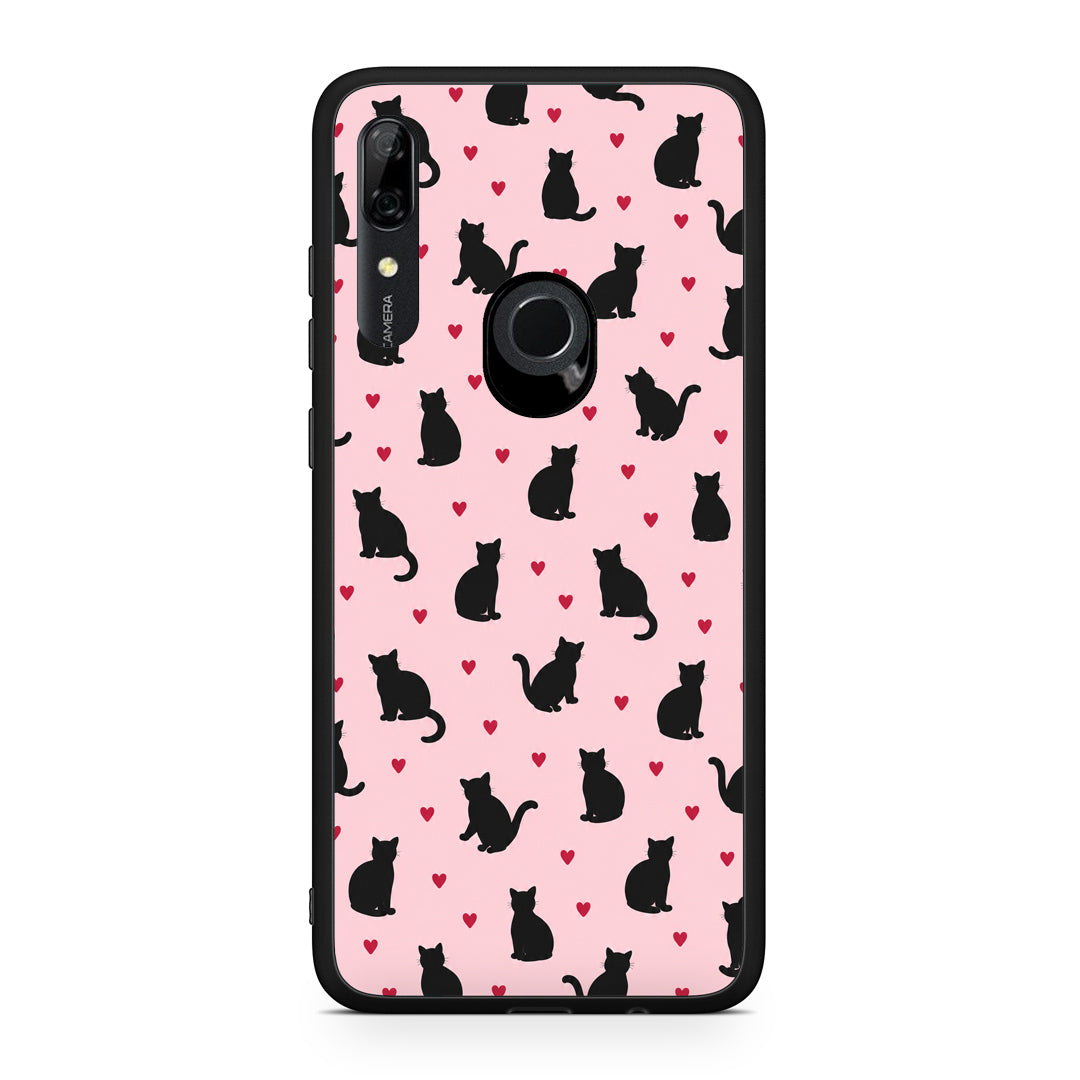 Θήκη Huawei P Smart Z Black Cat Silhouettes and Hearts on Pink από τη Smartfits με σχέδιο στο πίσω μέρος και μαύρο περίβλημα | Huawei P Smart Z Black Cat Silhouettes and Hearts on Pink case with colorful back and black bezels