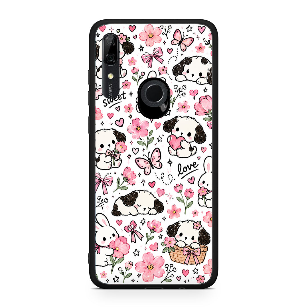 Θήκη Huawei P Smart Z Pink Florals Puppies and Bunnies on White από τη Smartfits με σχέδιο στο πίσω μέρος και μαύρο περίβλημα | Huawei P Smart Z Pink Florals Puppies and Bunnies on White case with colorful back and black bezels