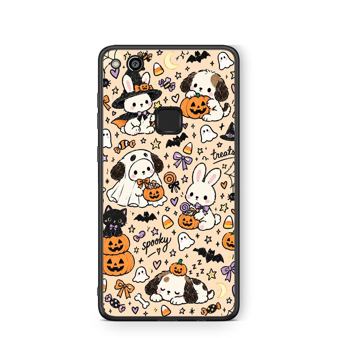 Θήκη Huawei P10 Lite Halloween Puppies and Friends on Cream από τη Smartfits με σχέδιο στο πίσω μέρος και μαύρο περίβλημα | Huawei P10 Lite Halloween Puppies and Friends on Cream case with colorful back and black bezels