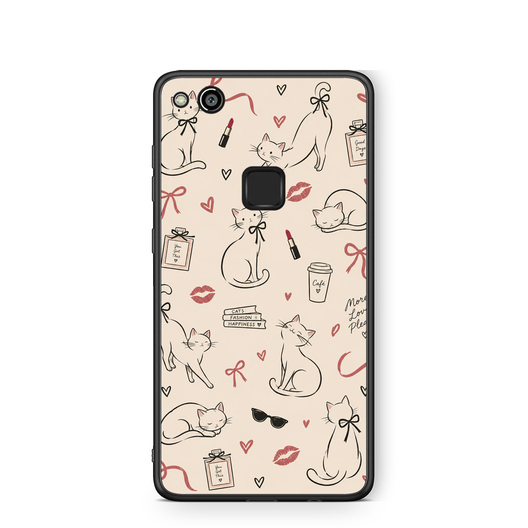 Θήκη Huawei P10 Lite Minimal Cat and Fashion Doodles on Cream από τη Smartfits με σχέδιο στο πίσω μέρος και μαύρο περίβλημα | Huawei P10 Lite Minimal Cat and Fashion Doodles on Cream case with colorful back and black bezels