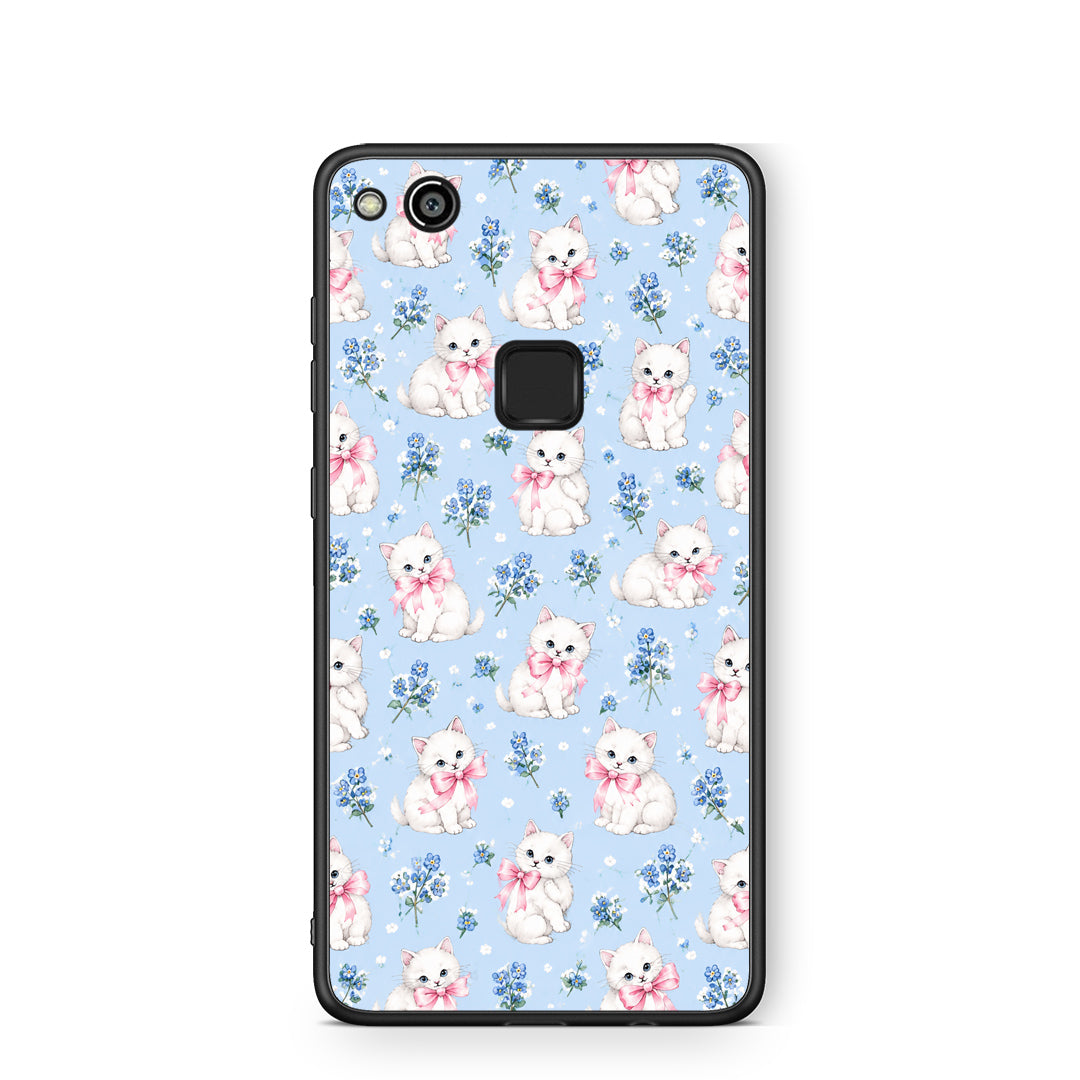 Θήκη Huawei P10 Lite White Kittens and Blue Flowers Small από τη Smartfits με σχέδιο στο πίσω μέρος και μαύρο περίβλημα | Huawei P10 Lite White Kittens and Blue Flowers Small case with colorful back and black bezels
