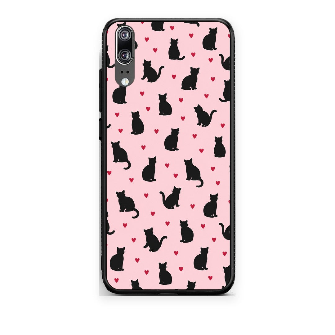 Θήκη Huawei P20 Black Cat Silhouettes and Hearts on Pink από τη Smartfits με σχέδιο στο πίσω μέρος και μαύρο περίβλημα | Huawei P20 Black Cat Silhouettes and Hearts on Pink case with colorful back and black bezels