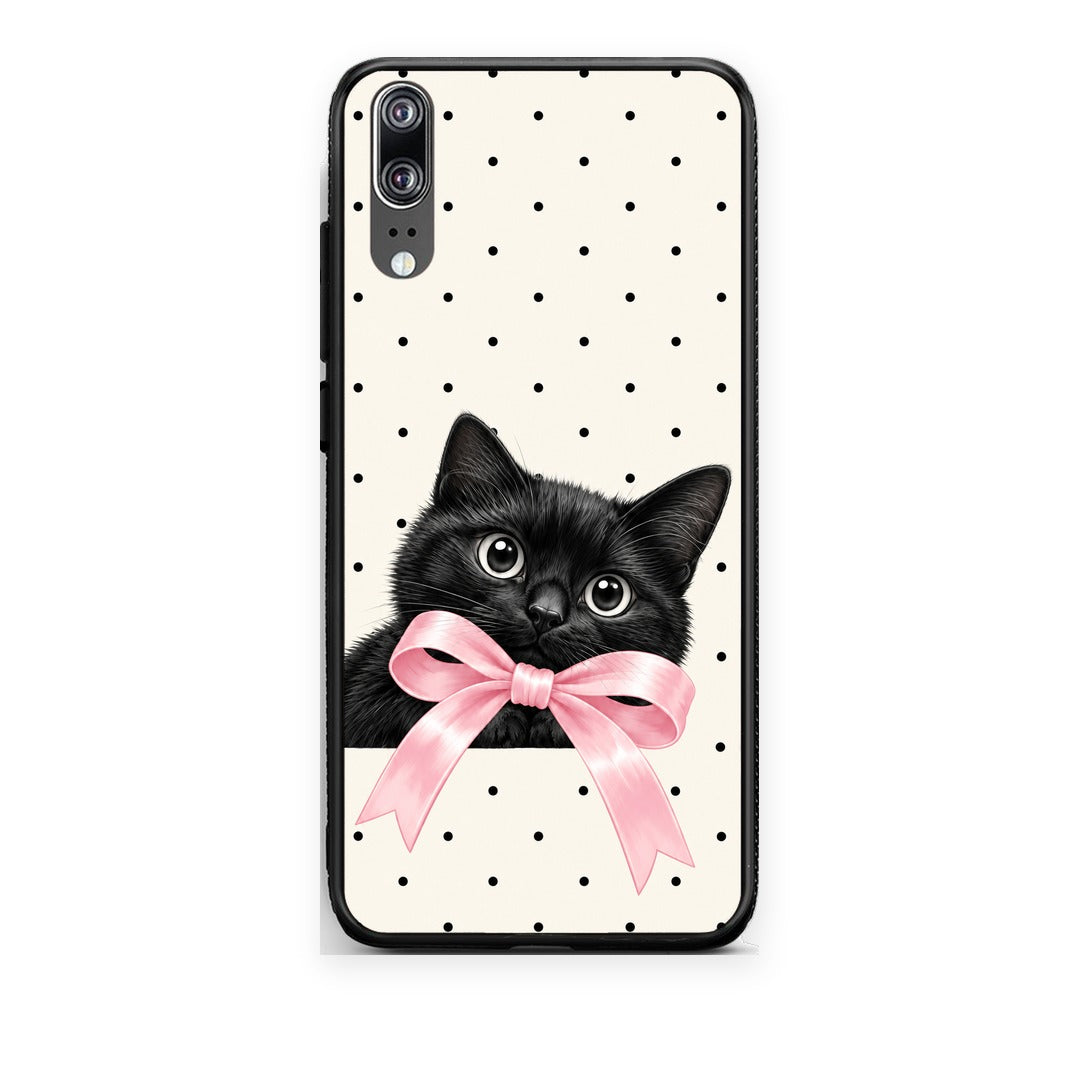 Θήκη Huawei P20 Black Kitten Pink Bow and Polka Dots από τη Smartfits με σχέδιο στο πίσω μέρος και μαύρο περίβλημα | Huawei P20 Black Kitten Pink Bow and Polka Dots case with colorful back and black bezels