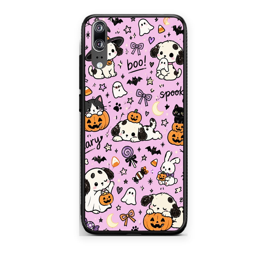 Θήκη Huawei P20 Halloween Puppies and Friends on Lilac από τη Smartfits με σχέδιο στο πίσω μέρος και μαύρο περίβλημα | Huawei P20 Halloween Puppies and Friends on Lilac case with colorful back and black bezels