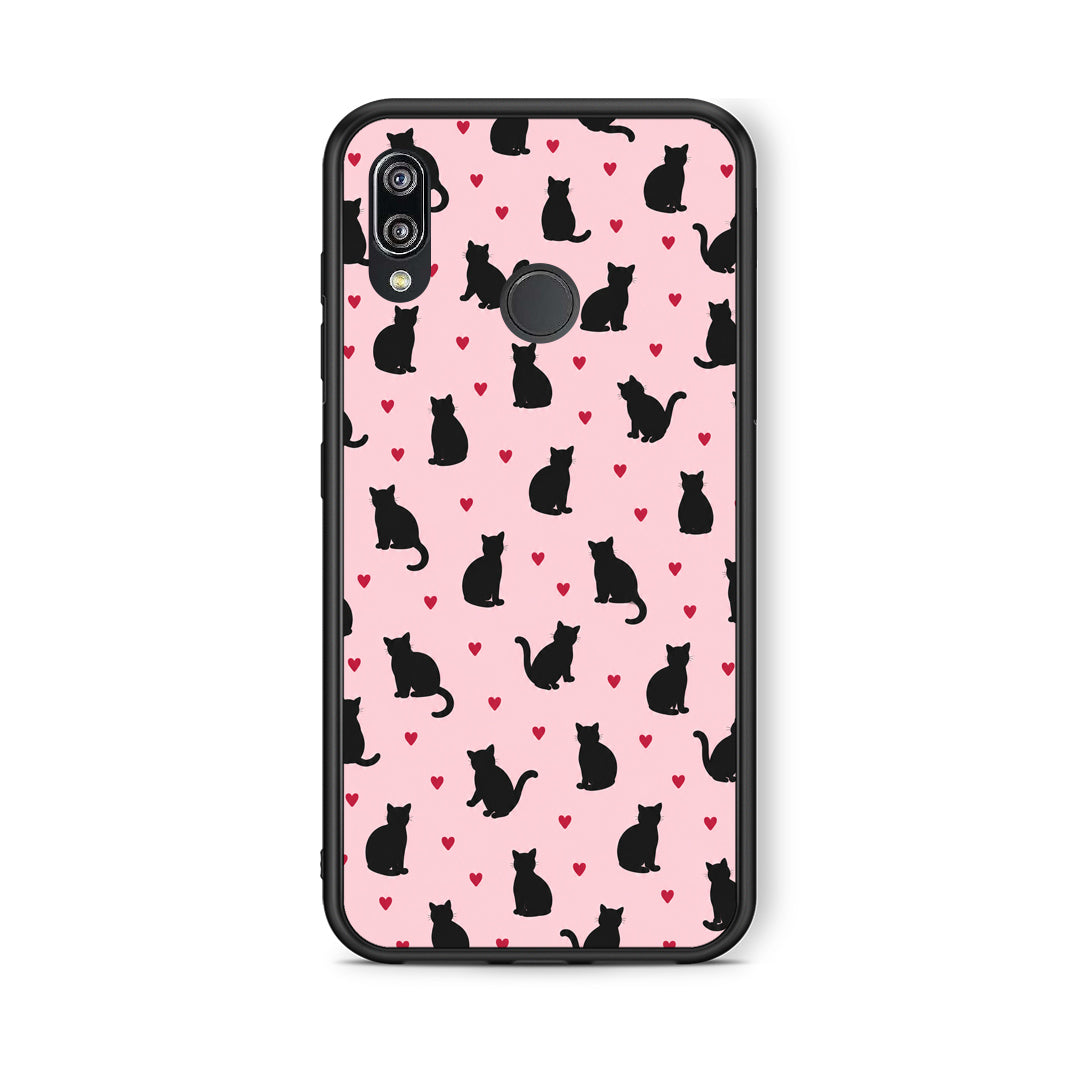 Θήκη Huawei P20 Lite Black Cat Silhouettes and Hearts on Pink από τη Smartfits με σχέδιο στο πίσω μέρος και μαύρο περίβλημα | Huawei P20 Lite Black Cat Silhouettes and Hearts on Pink case with colorful back and black bezels
