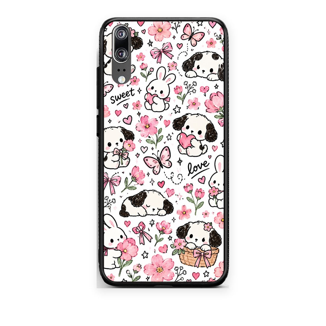 Θήκη Huawei P20 Pink Florals Puppies and Bunnies on White από τη Smartfits με σχέδιο στο πίσω μέρος και μαύρο περίβλημα | Huawei P20 Pink Florals Puppies and Bunnies on White case with colorful back and black bezels