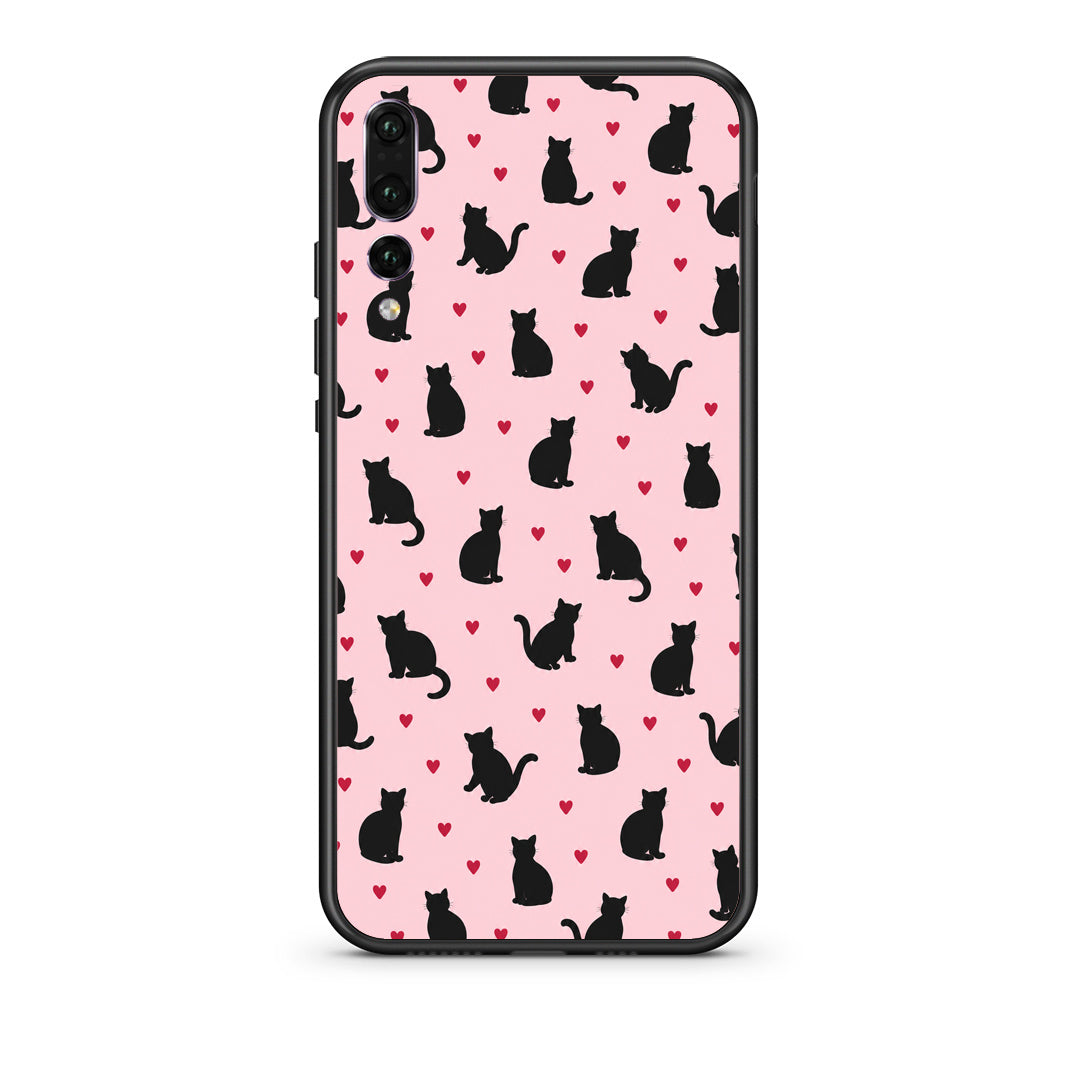 Θήκη Huawei P20 Pro Black Cat Silhouettes and Hearts on Pink από τη Smartfits με σχέδιο στο πίσω μέρος και μαύρο περίβλημα | Huawei P20 Pro Black Cat Silhouettes and Hearts on Pink case with colorful back and black bezels