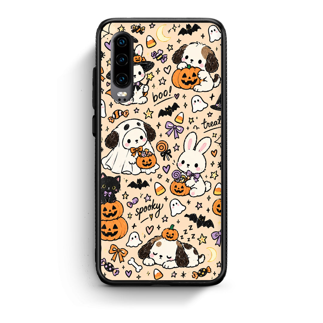Θήκη Huawei P30 Halloween Puppies and Friends on Cream από τη Smartfits με σχέδιο στο πίσω μέρος και μαύρο περίβλημα | Huawei P30 Halloween Puppies and Friends on Cream case with colorful back and black bezels