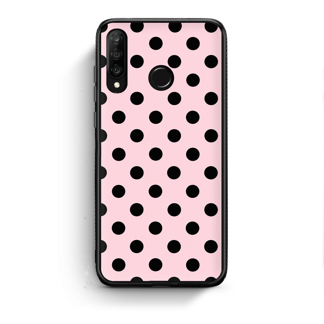 Θήκη Huawei P30 Lite Black Polka Dots on Pink από τη Smartfits με σχέδιο στο πίσω μέρος και μαύρο περίβλημα | Huawei P30 Lite Black Polka Dots on Pink case with colorful back and black bezels