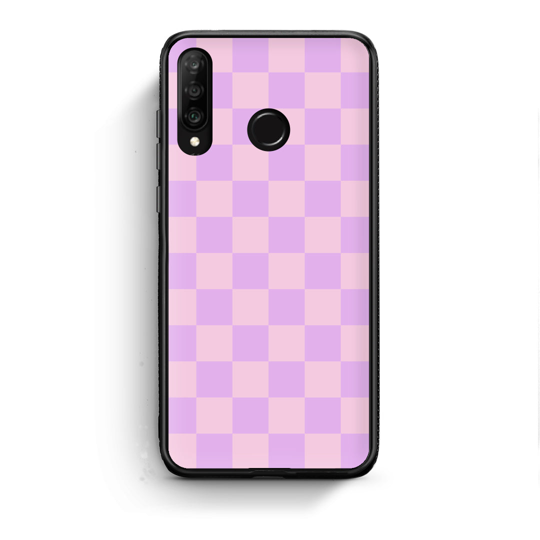 Θήκη Huawei P30 Lite Lavender and Pink Checkerboard από τη Smartfits με σχέδιο στο πίσω μέρος και μαύρο περίβλημα | Huawei P30 Lite Lavender and Pink Checkerboard case with colorful back and black bezels