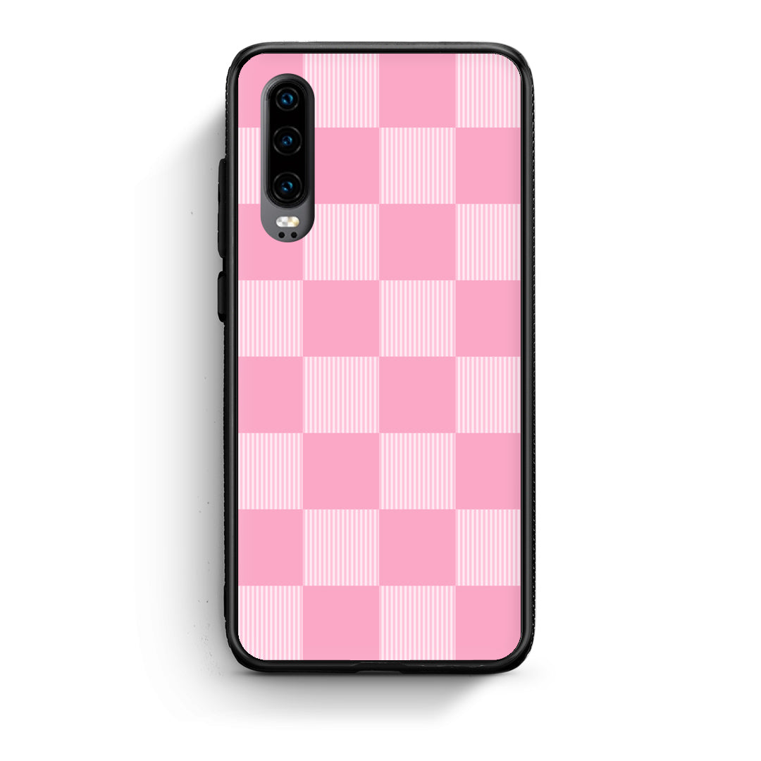 Θήκη Huawei P30 Pink and White Striped Checks από τη Smartfits με σχέδιο στο πίσω μέρος και μαύρο περίβλημα | Huawei P30 Pink and White Striped Checks case with colorful back and black bezels
