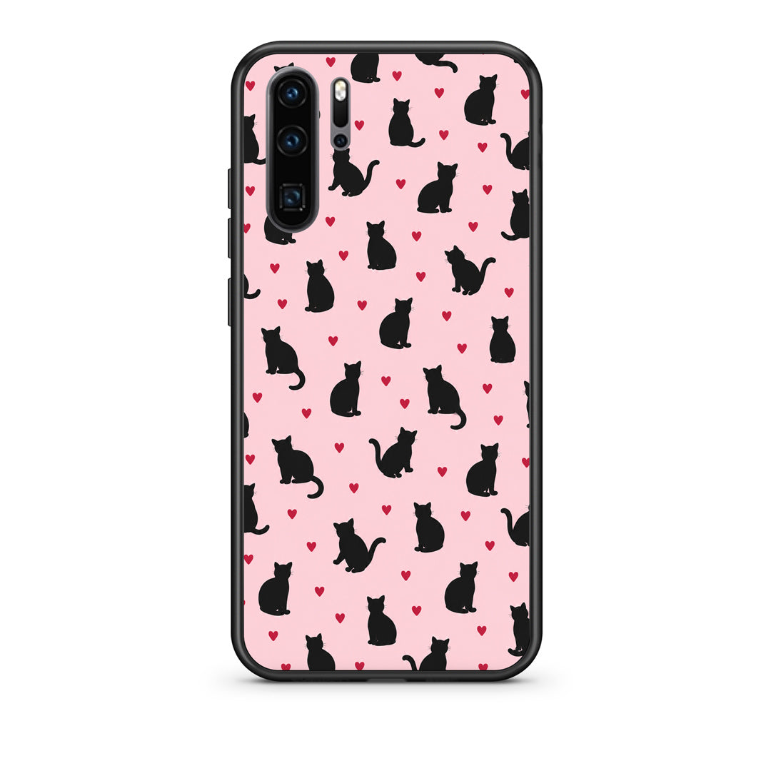 Θήκη Huawei P30 Pro Black Cat Silhouettes and Hearts on Pink από τη Smartfits με σχέδιο στο πίσω μέρος και μαύρο περίβλημα | Huawei P30 Pro Black Cat Silhouettes and Hearts on Pink case with colorful back and black bezels