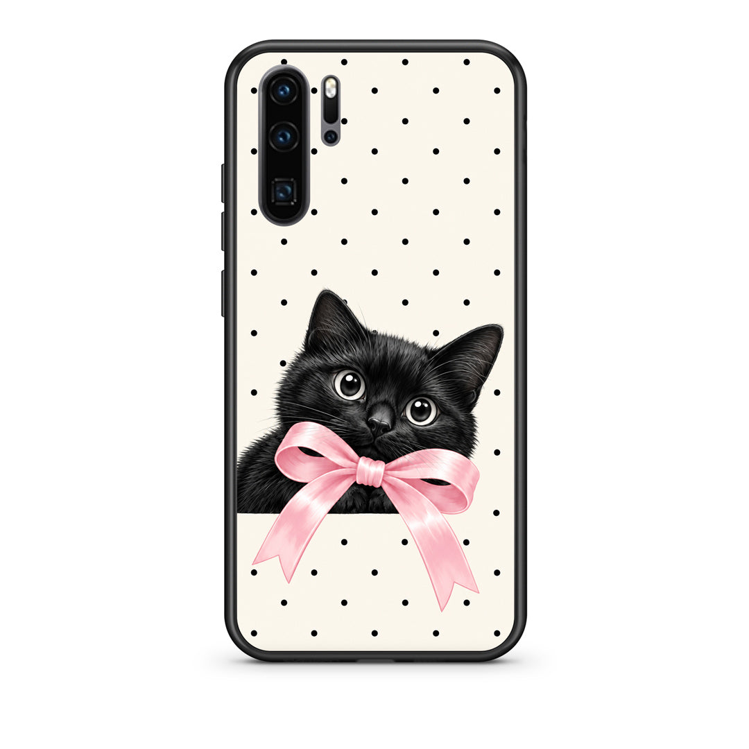Θήκη Huawei P30 Pro Black Kitten Pink Bow and Polka Dots από τη Smartfits με σχέδιο στο πίσω μέρος και μαύρο περίβλημα | Huawei P30 Pro Black Kitten Pink Bow and Polka Dots case with colorful back and black bezels