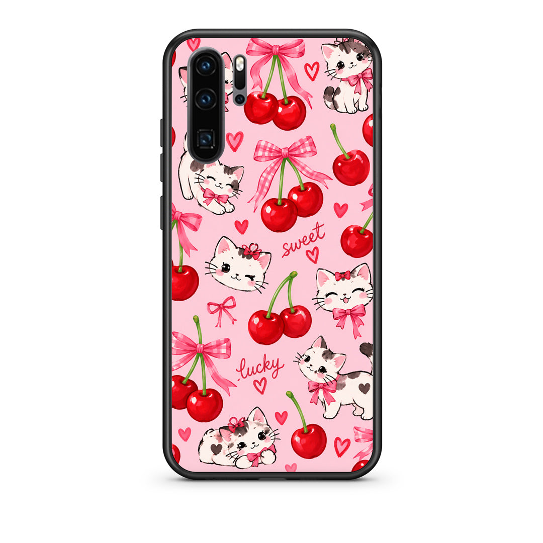 Θήκη Huawei P30 Pro Cherries Bows and Kittens on Pink από τη Smartfits με σχέδιο στο πίσω μέρος και μαύρο περίβλημα | Huawei P30 Pro Cherries Bows and Kittens on Pink case with colorful back and black bezels