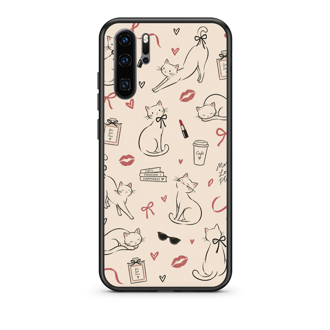 Θήκη Huawei P30 Pro Minimal Cat and Fashion Doodles on Cream από τη Smartfits με σχέδιο στο πίσω μέρος και μαύρο περίβλημα | Huawei P30 Pro Minimal Cat and Fashion Doodles on Cream case with colorful back and black bezels