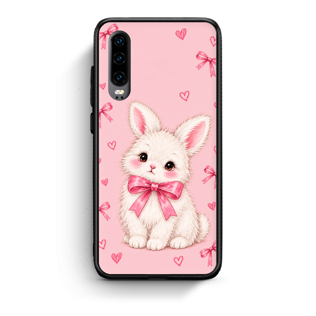 Θήκη Huawei P30 White Bunny and Pink Bows από τη Smartfits με σχέδιο στο πίσω μέρος και μαύρο περίβλημα | Huawei P30 White Bunny and Pink Bows case with colorful back and black bezels