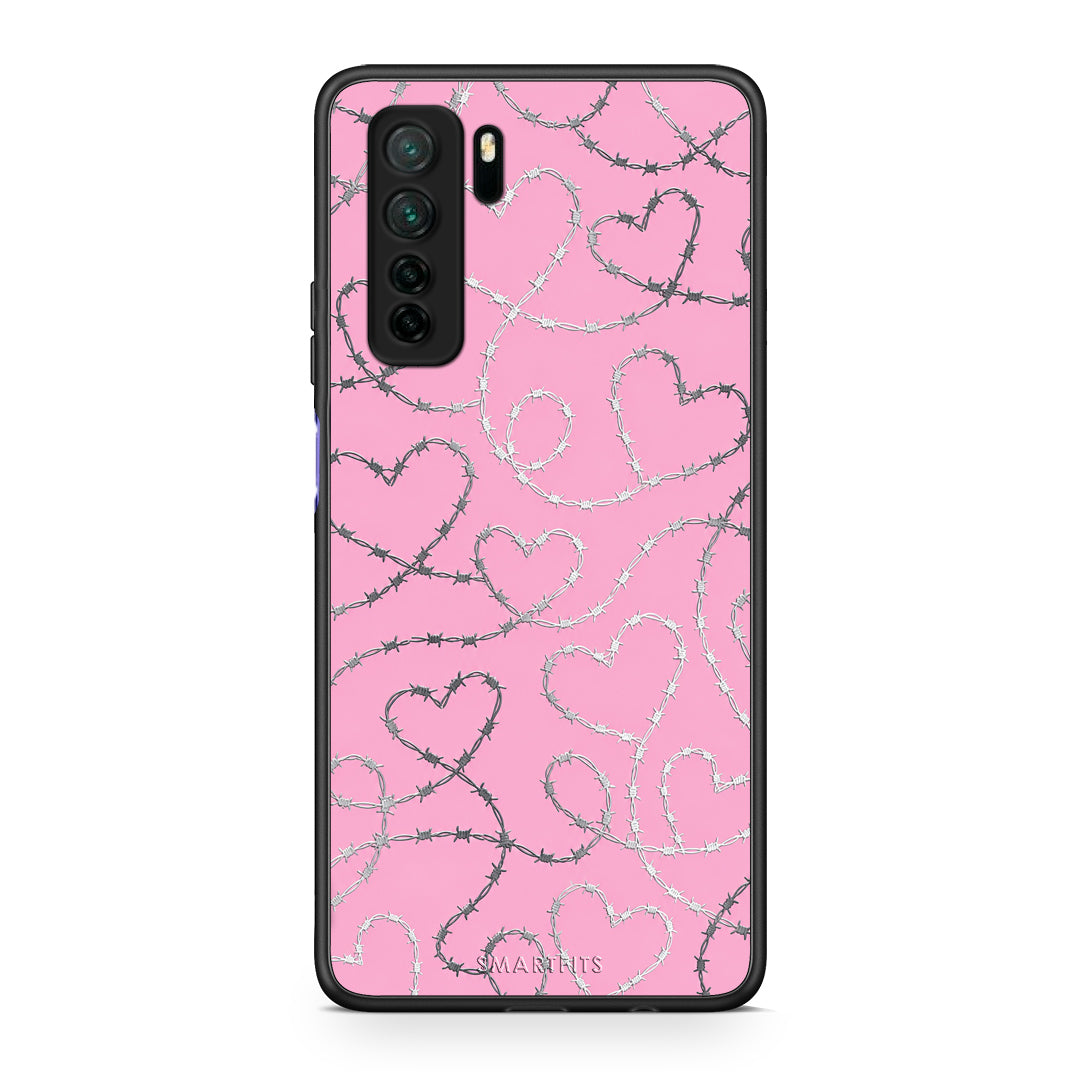 Θήκη Huawei P40 Lite 5G Barbed Wire Hearts on Pink από τη Smartfits με σχέδιο στο πίσω μέρος και μαύρο περίβλημα | Huawei P40 Lite 5G Barbed Wire Hearts on Pink case with colorful back and black bezels