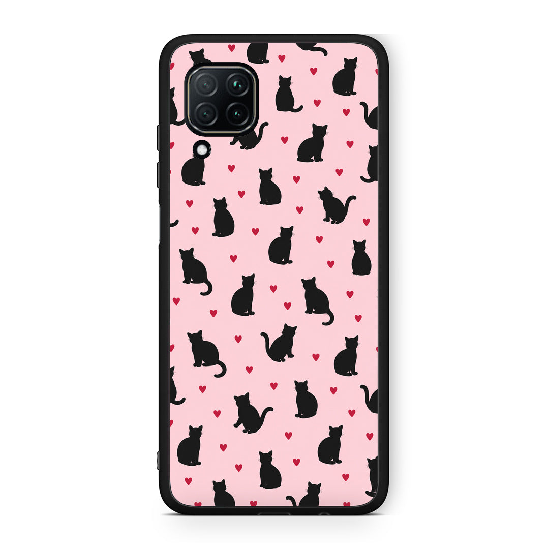 Θήκη Huawei P40 Lite Black Cat Silhouettes and Hearts on Pink από τη Smartfits με σχέδιο στο πίσω μέρος και μαύρο περίβλημα | Huawei P40 Lite Black Cat Silhouettes and Hearts on Pink case with colorful back and black bezels