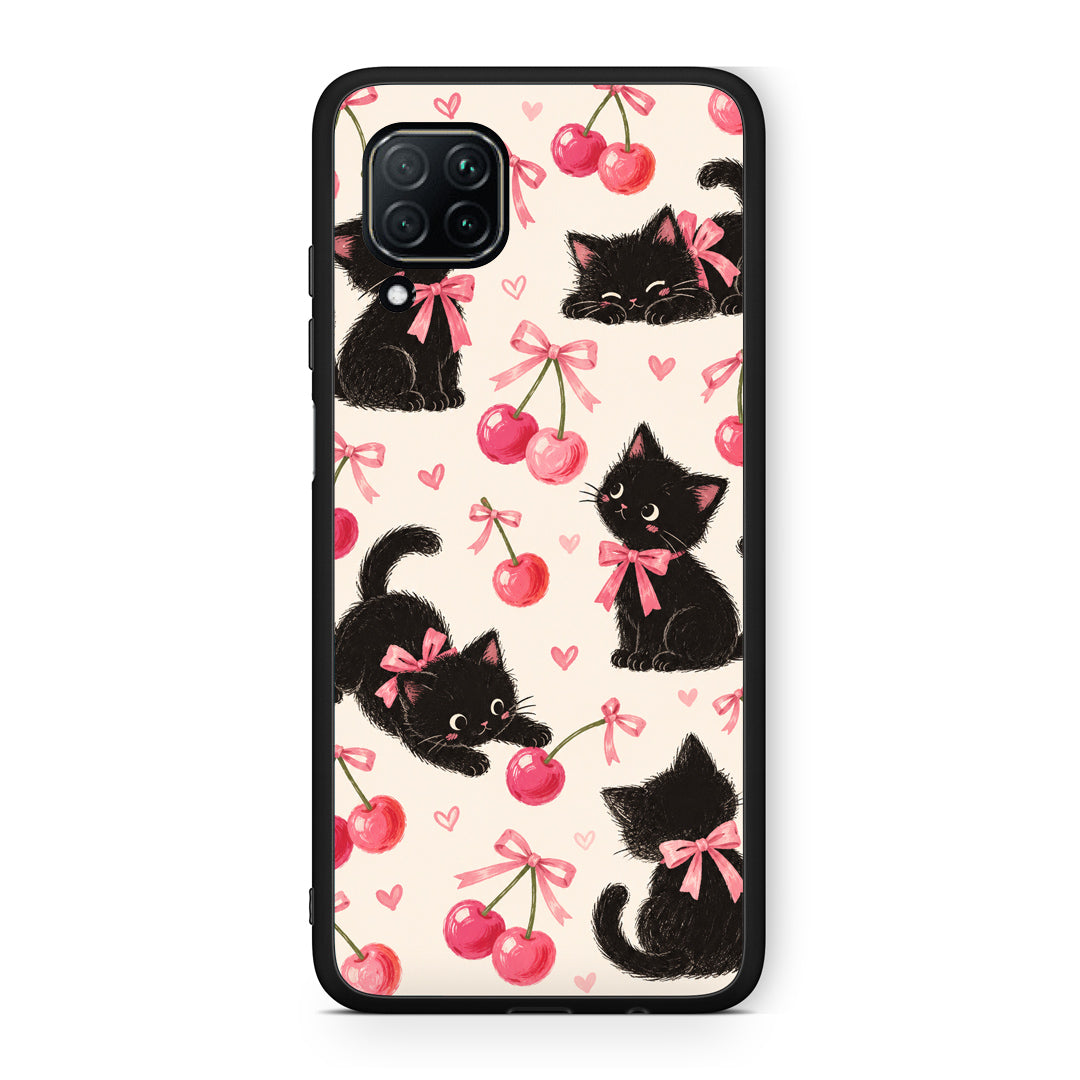 Θήκη Huawei P40 Lite Black Kittens and Cherries on Cream από τη Smartfits με σχέδιο στο πίσω μέρος και μαύρο περίβλημα | Huawei P40 Lite Black Kittens and Cherries on Cream case with colorful back and black bezels