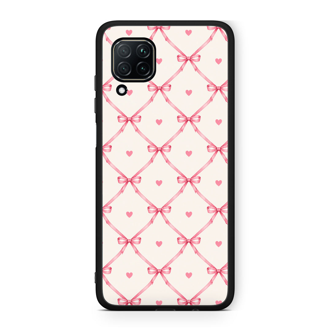 Θήκη Huawei P40 Lite Pink Bow Lattice and Hearts on Cream από τη Smartfits με σχέδιο στο πίσω μέρος και μαύρο περίβλημα | Huawei P40 Lite Pink Bow Lattice and Hearts on Cream case with colorful back and black bezels