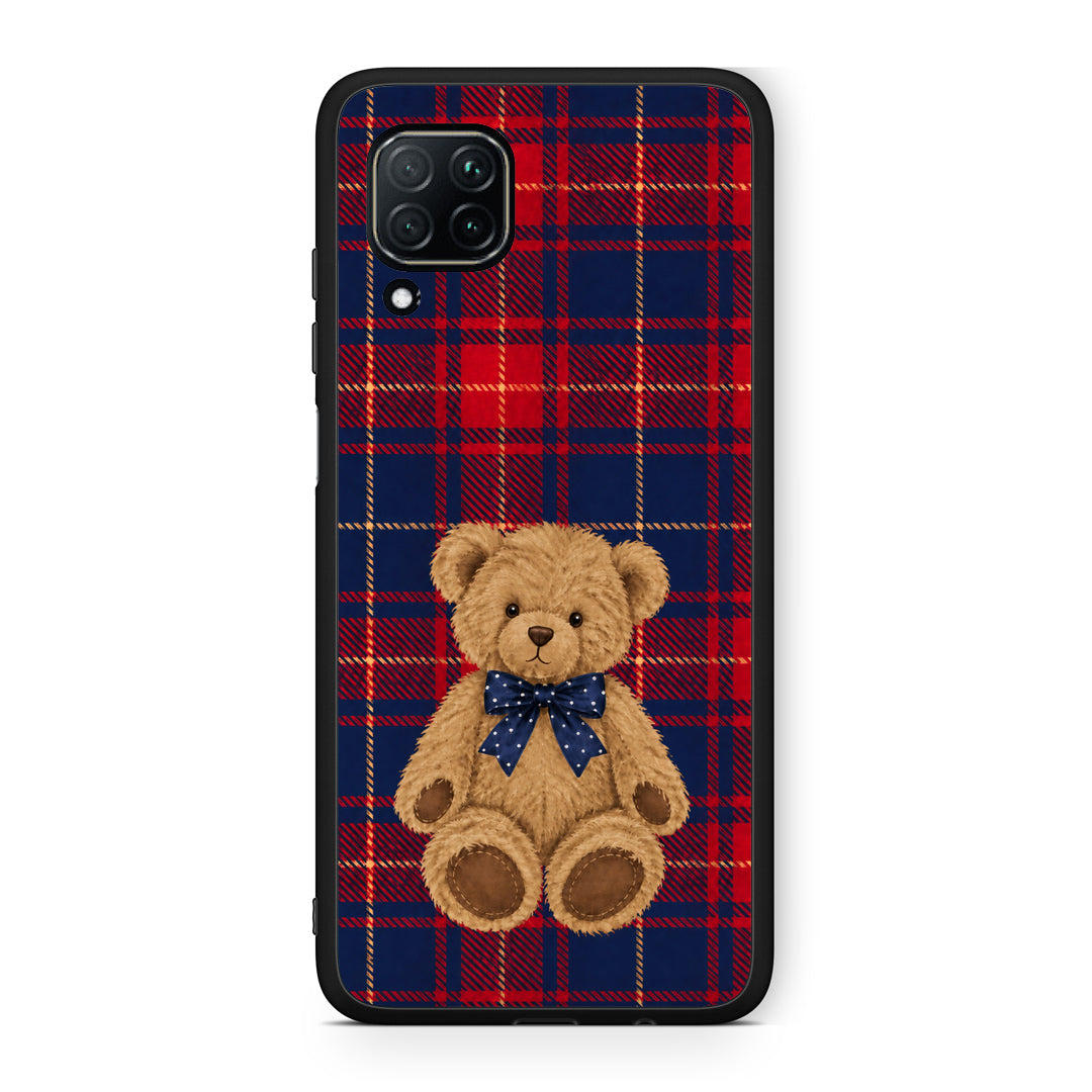 Θήκη Huawei P40 Lite Teddy Bear on Red and Navy Tartan από τη Smartfits με σχέδιο στο πίσω μέρος και μαύρο περίβλημα | Huawei P40 Lite Teddy Bear on Red and Navy Tartan case with colorful back and black bezels