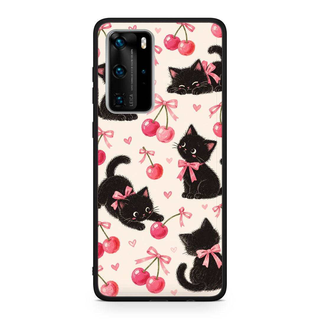 Θήκη Huawei P40 Pro Black Kittens and Cherries on Cream από τη Smartfits με σχέδιο στο πίσω μέρος και μαύρο περίβλημα | Huawei P40 Pro Black Kittens and Cherries on Cream case with colorful back and black bezels