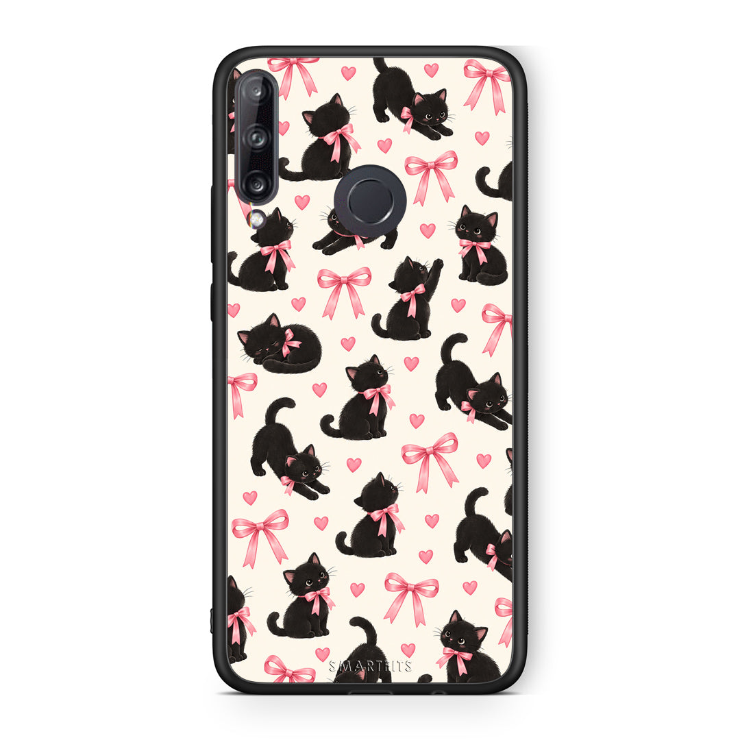 Θήκη Huawei P40 Lite E Black Kittens and Pink Bows on Cream Small από τη Smartfits με σχέδιο στο πίσω μέρος και μαύρο περίβλημα | Huawei P40 Lite E Black Kittens and Pink Bows on Cream Small case with colorful back and black bezels