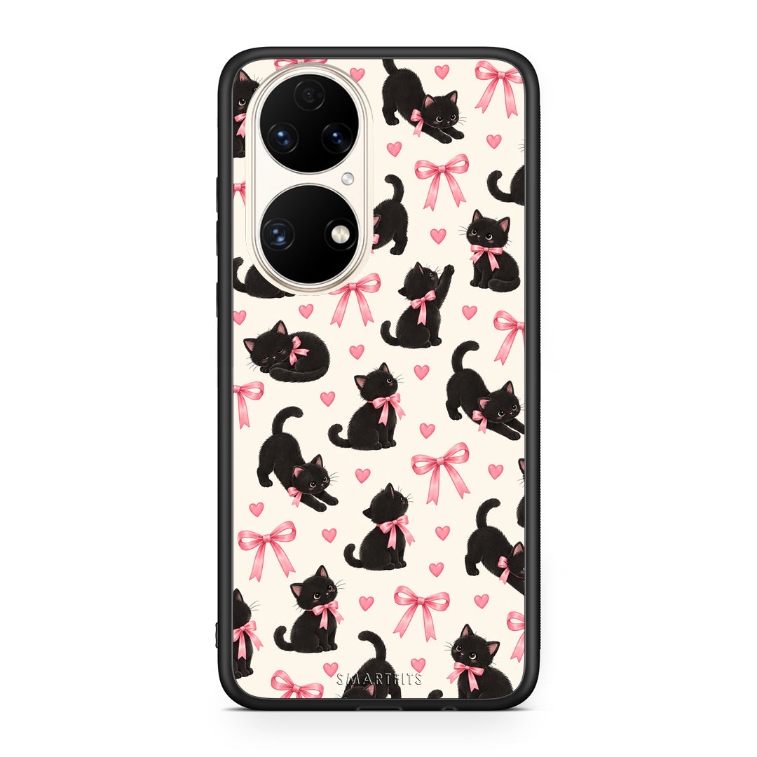 Θήκη Huawei P50 Black Kittens and Pink Bows on Cream Small από τη Smartfits με σχέδιο στο πίσω μέρος και μαύρο περίβλημα | Huawei P50 Black Kittens and Pink Bows on Cream Small case with colorful back and black bezels