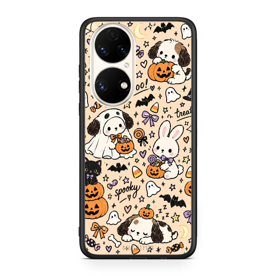 Θήκη Huawei P50 Halloween Puppies and Friends on Cream από τη Smartfits με σχέδιο στο πίσω μέρος και μαύρο περίβλημα | Huawei P50 Halloween Puppies and Friends on Cream case with colorful back and black bezels
