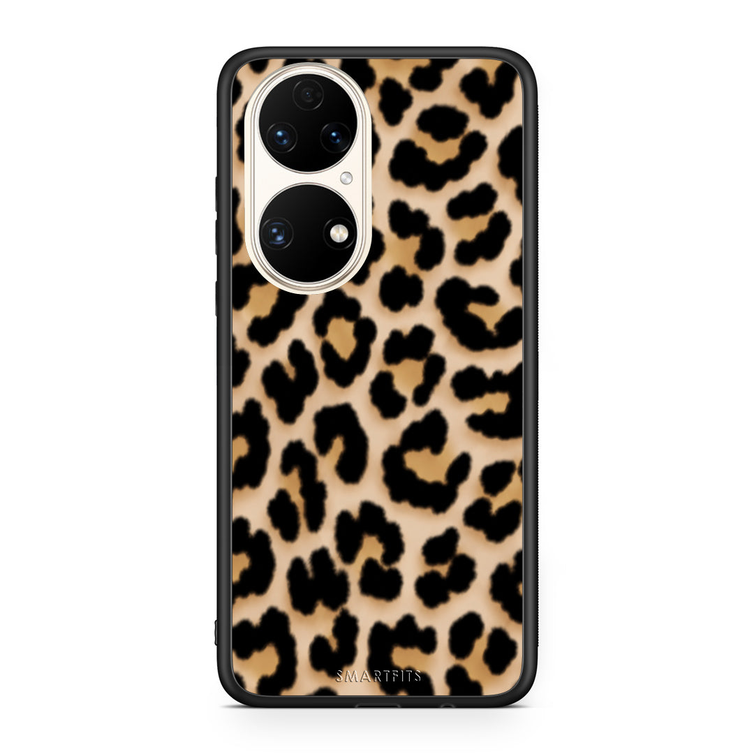 Θήκη Huawei P50 Leopard Print Tan Small από τη Smartfits με σχέδιο στο πίσω μέρος και μαύρο περίβλημα | Huawei P50 Leopard Print Tan Small case with colorful back and black bezels